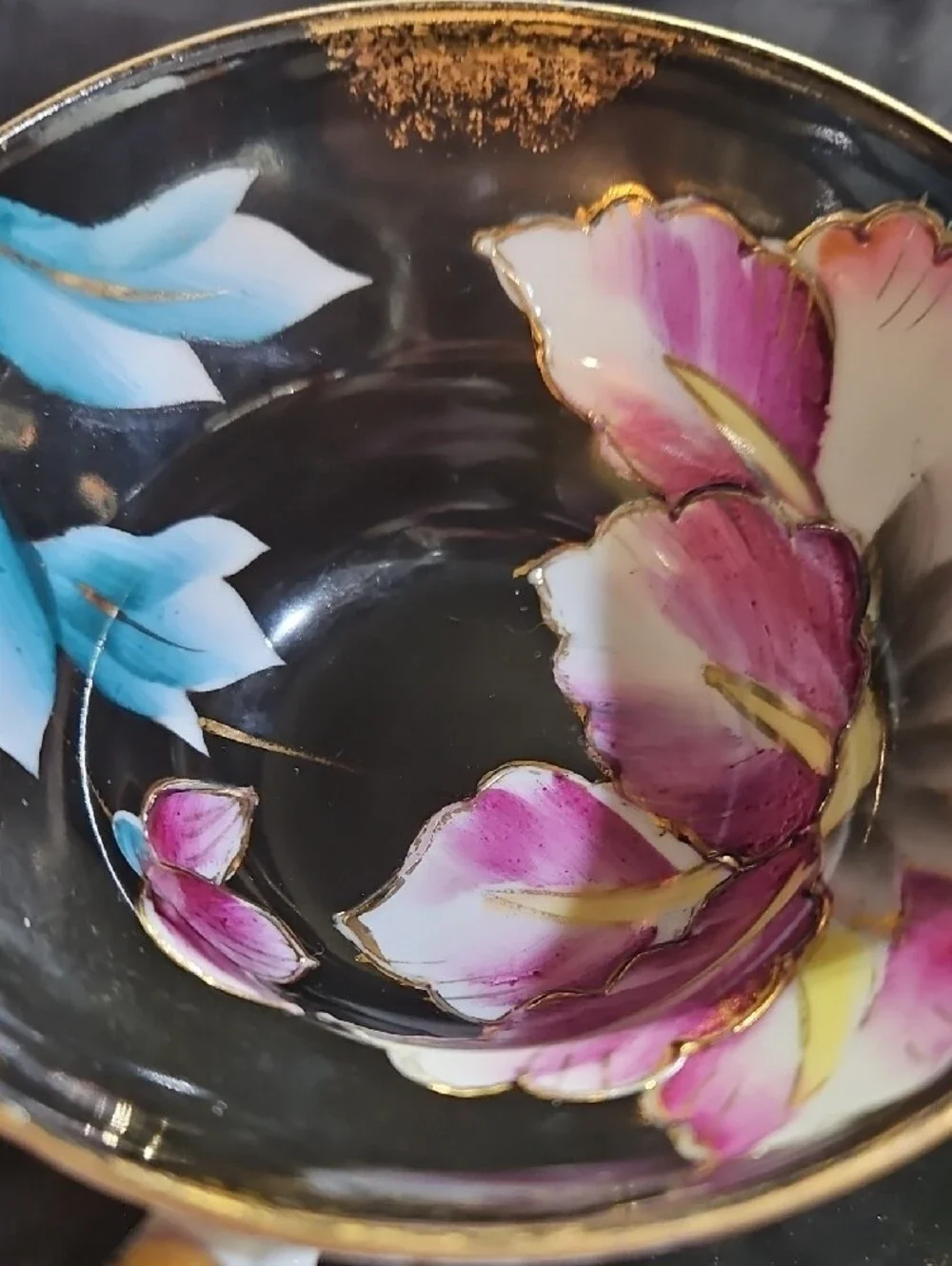 Porcelain Black Colorful Water Lily and Orchid Lustreware Teacup and Saucer